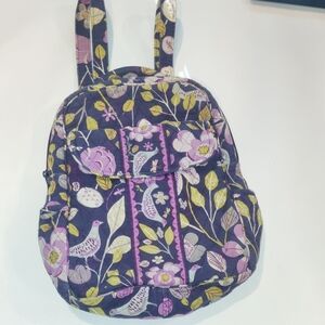 Vera Bradley Navy and Purple Floral Quilted Backpack with Pink & Yellow Accents